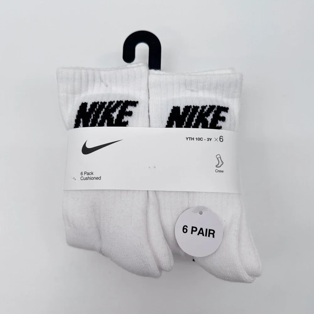 Nike Crew Socks Youth XS White 6 Pack Everyday Cushioned BN0509-F00
